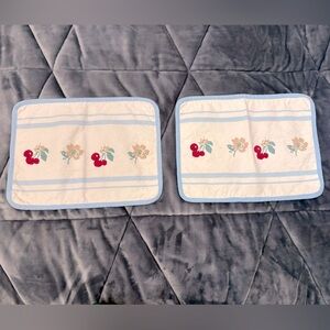 VTG Laura Ashley Blue & White Striped Placemats w/ Cherries & Flowers Set of 2